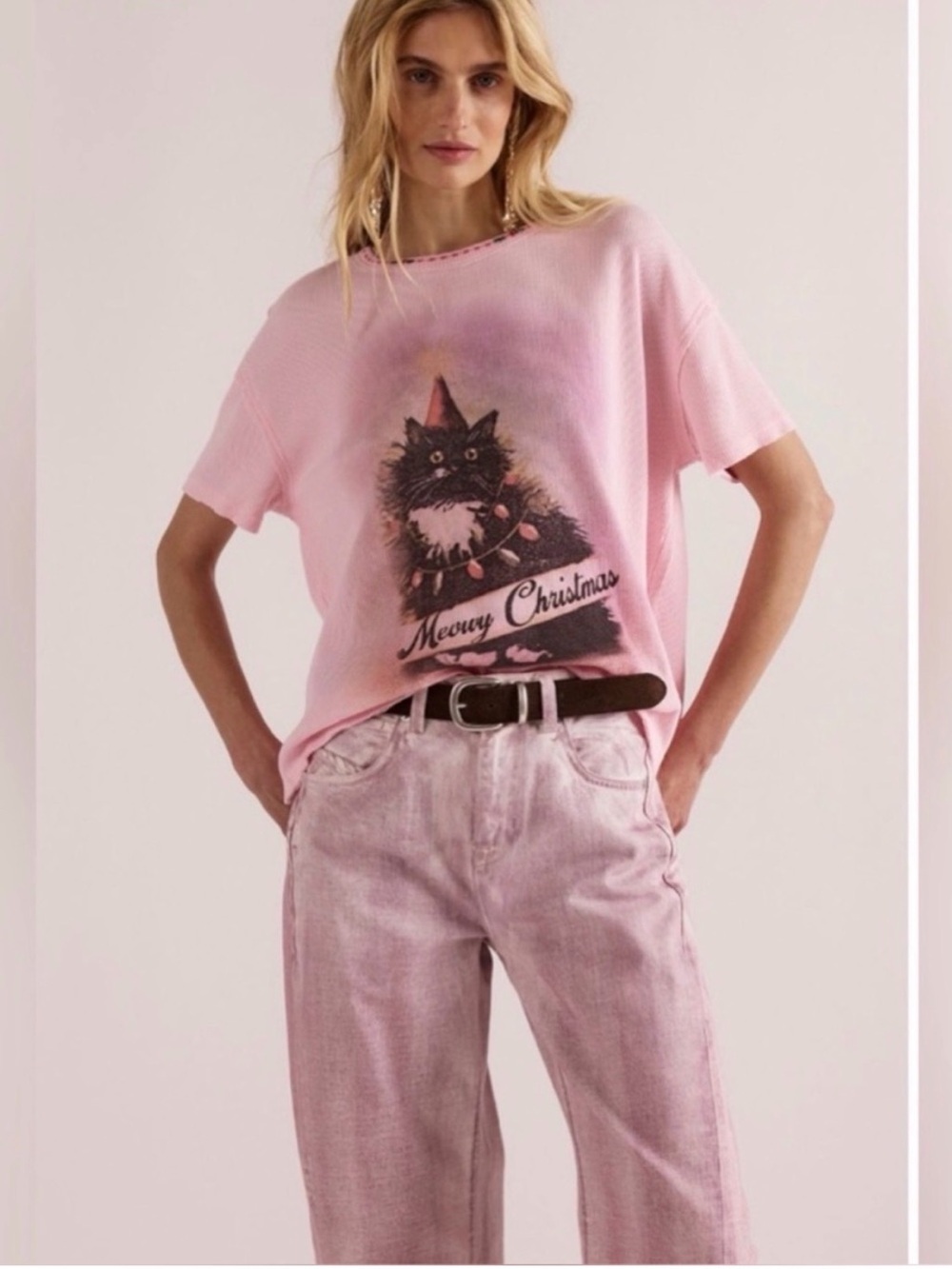 Pink "Meowy Christmas" Cat Graphic Tee  oversized XS